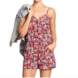 Banana Republic Red Black Floral Faux Wrap Romper Small Adjustable Straps